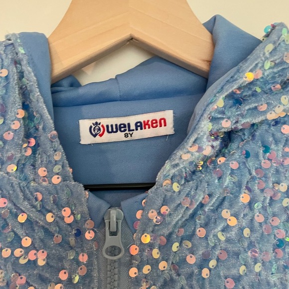 Girls Sequined Zip Up Hoodie WeLakken Age 8Y Blue Sparkly Jacket - Picture 4 of 12